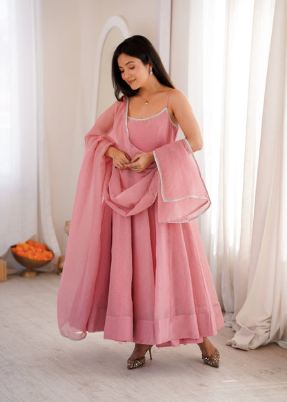 Women’s Crunchy Silk Anarkali Suit Set with Swarovski Work & Lace Border Dupatta