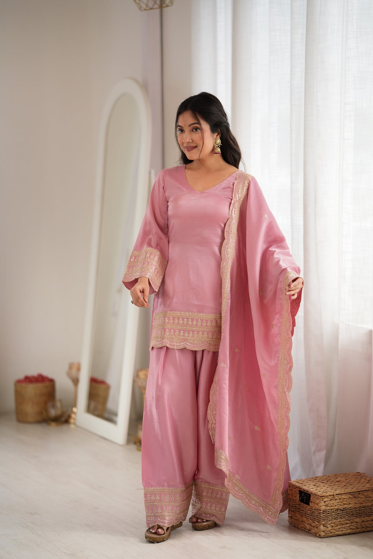 Glass Roman Silk Embroidered Farshi Salwar Suit Set with Dupatta for Women