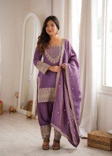 Party Wear NC Vichitra Silk Farshi Shalwar Set with Lace Dupatta