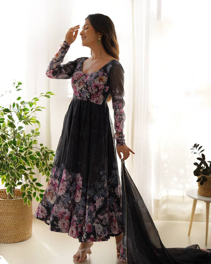 Pure Soft Organza Silk Fully Flared Kali Cut Anarkali Suit Set with Dupatta & Pant
