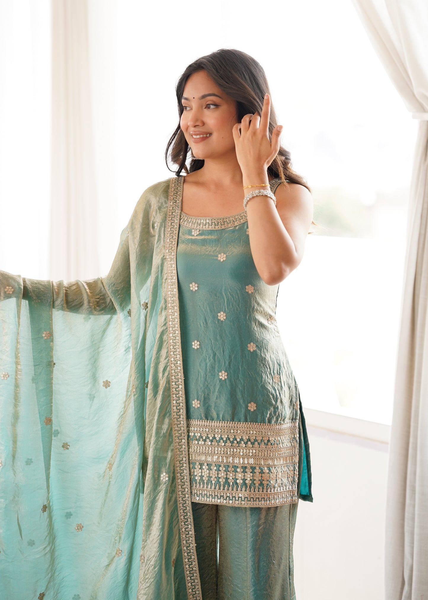 Women Trendy Silk Embroidery Sequence Dori Work Kurta Pant Dupatta Set