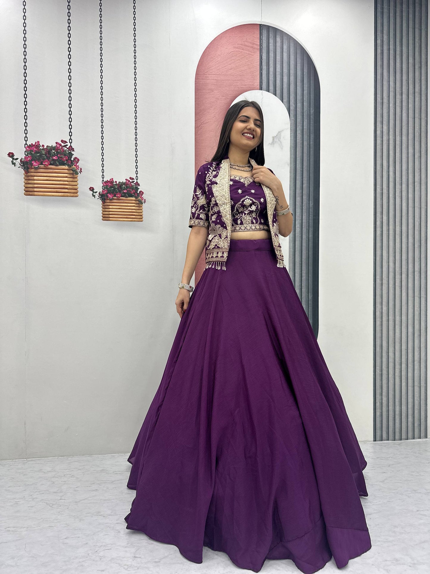 Designer Chinon Crop Top Lehenga Set with Heavy Embroidery Jacket