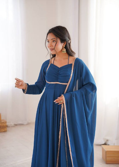 Premium Designer Fox Georgette Long Gown with Rich Flare & Lace Dupatta
