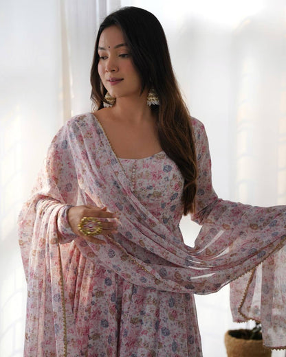 Floral Orange Chiffon Anarkali Set With 4 Meter Flair & Shawl Style Dupatta