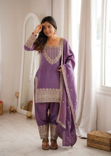 Party Wear NC Vichitra Silk Farshi Shalwar Set with Lace Dupatta