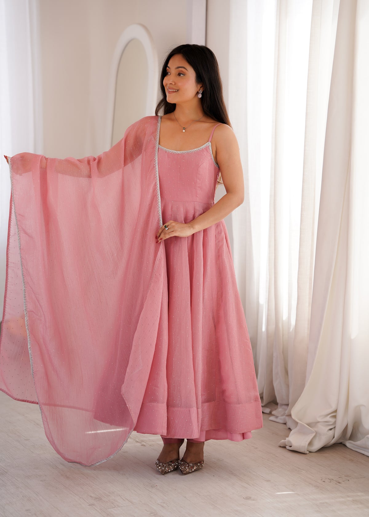 Women’s Crunchy Silk Anarkali Suit Set with Swarovski Work & Lace Border Dupatta