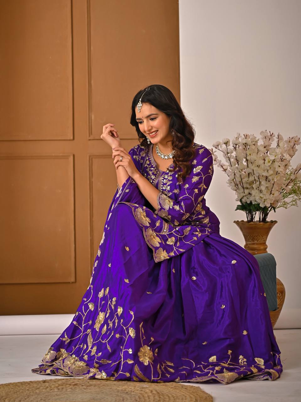 Eid & Party Wear Purple Floral Embroidery Lehenga Top and Dupatta Set
