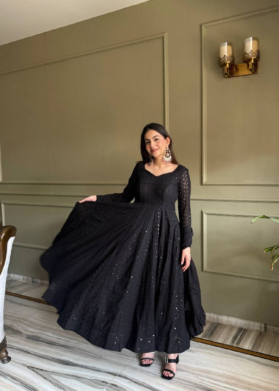 Heavy Fox Georgette Lucknowi Embroidered Anarkali Gown Set with Dupatta