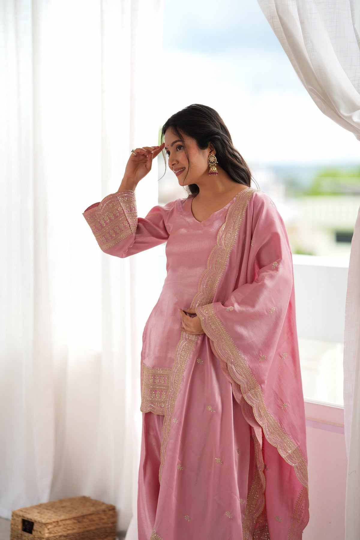 Glass Roman Silk Embroidered Farshi Salwar Suit Set with Dupatta for Women