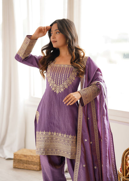 Party Wear NC Vichitra Silk Farshi Shalwar Set with Lace Dupatta