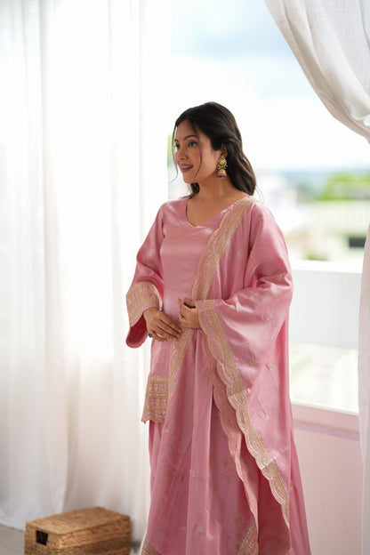 Glass Roman Silk Embroidered Farshi Salwar Suit Set with Dupatta for Women