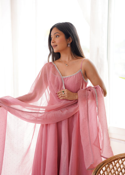 Women’s Crunchy Silk Anarkali Suit Set with Swarovski Work & Lace Border Dupatta
