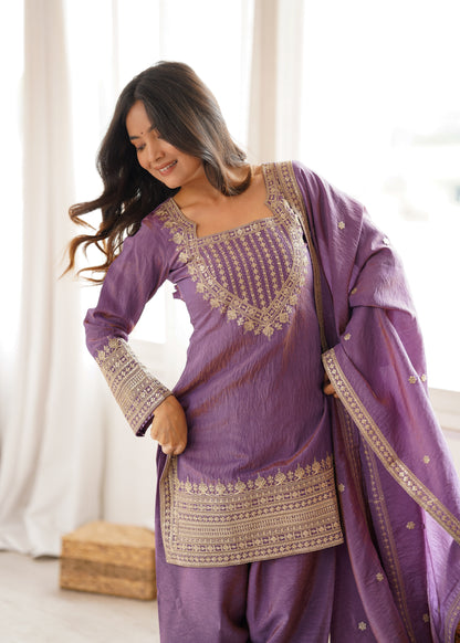 Party Wear NC Vichitra Silk Farshi Shalwar Set with Lace Dupatta