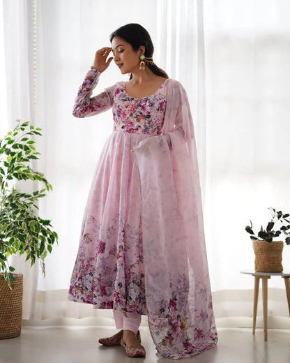 Pure Soft Organza Silk Fully Flared Kali Cut Anarkali Suit Set with Dupatta & Pant