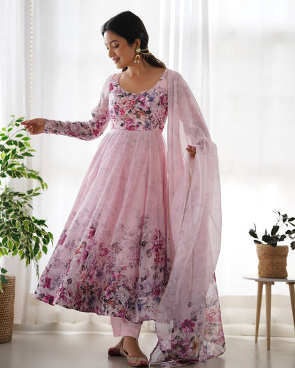 Pure Soft Organza Silk Fully Flared Kali Cut Anarkali Suit Set with Dupatta & Pant