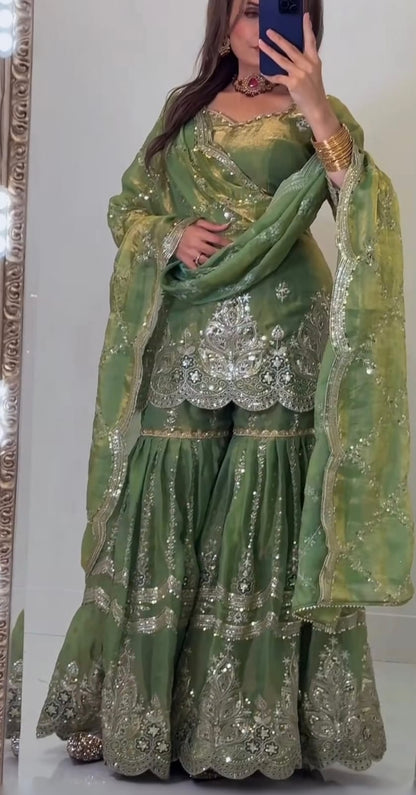 Mustard Designer Sharara Suit Set | Heavy Fandy Crush with 5mm Sequin & Embroidery Work