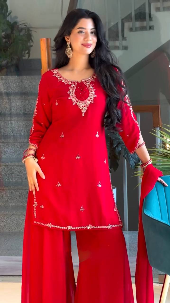 Heavy Faux Georgette 5mm Sequence Embroidered Palazzo Suit With Stone Handwork & Lace Dupatta
