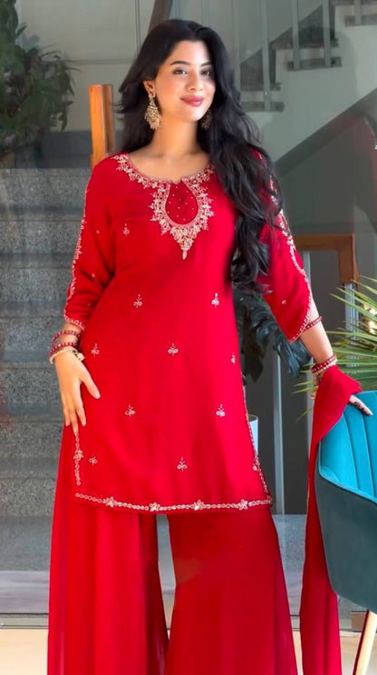 Heavy Faux Georgette 5mm Sequence Embroidered Palazzo Suit With Stone Handwork & Lace Dupatta
