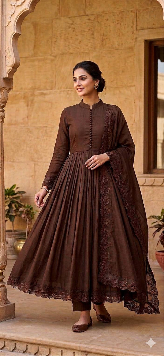 Elegant Heavy Embroidered Roman Silk Gown Set with Dupatta