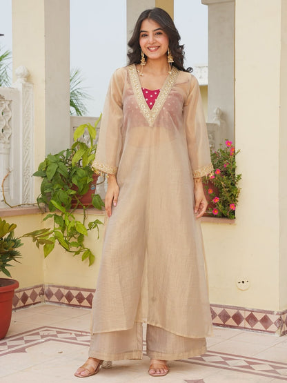 Golden Tissue Kurta Set with Embroidered Blouse & Palazzo