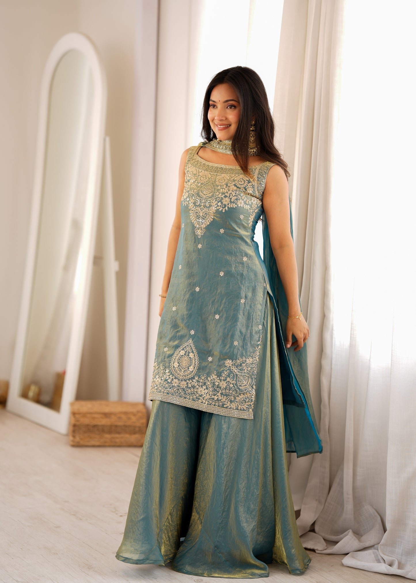 Premium Pure Fendy Silk Embroidered Sharara Set with Dupatta