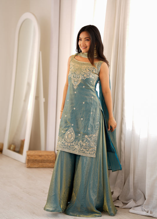 Premium Pure Fendy Silk Embroidered Sharara Set with Dupatta