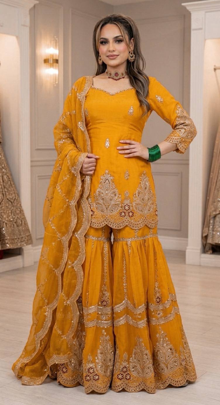 Mustard Designer Sharara Suit Set | Heavy Fandy Crush with 5mm Sequin & Embroidery Work
