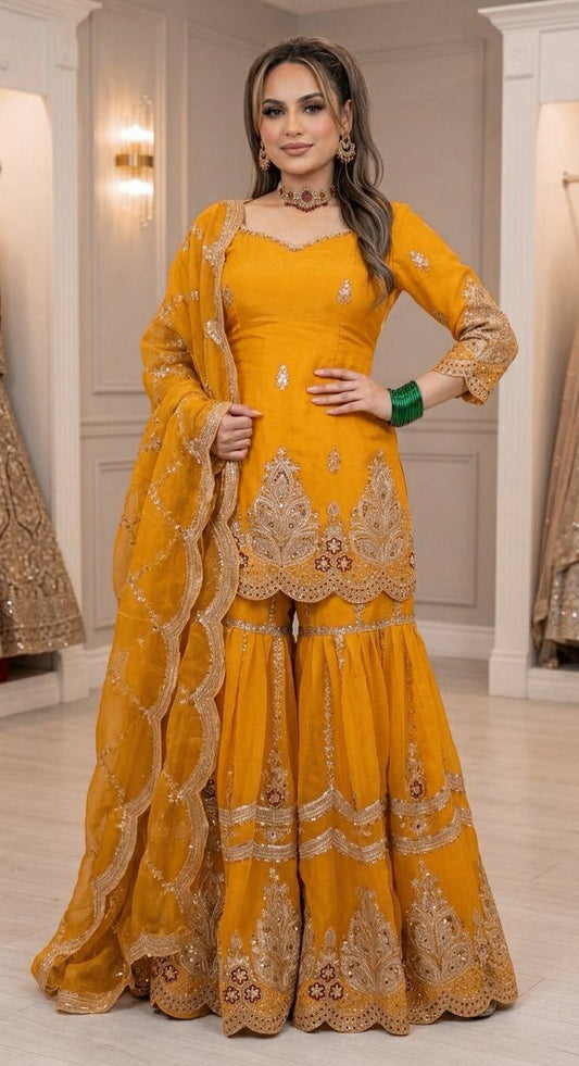 Mustard Designer Sharara Suit Set | Heavy Fandy Crush with 5mm Sequin & Embroidery Work