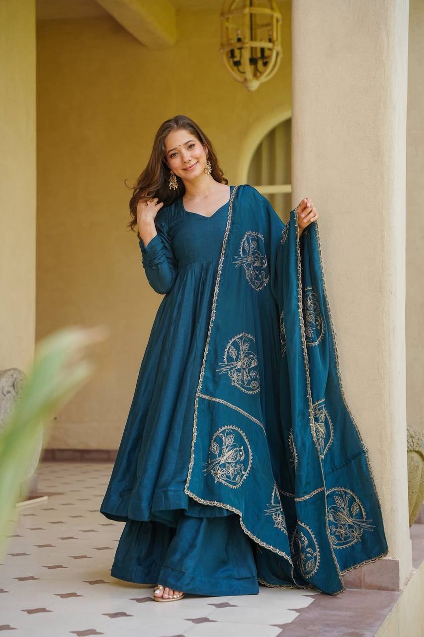 Premium Heavy Vichitra Silk Anarkali Suit Set