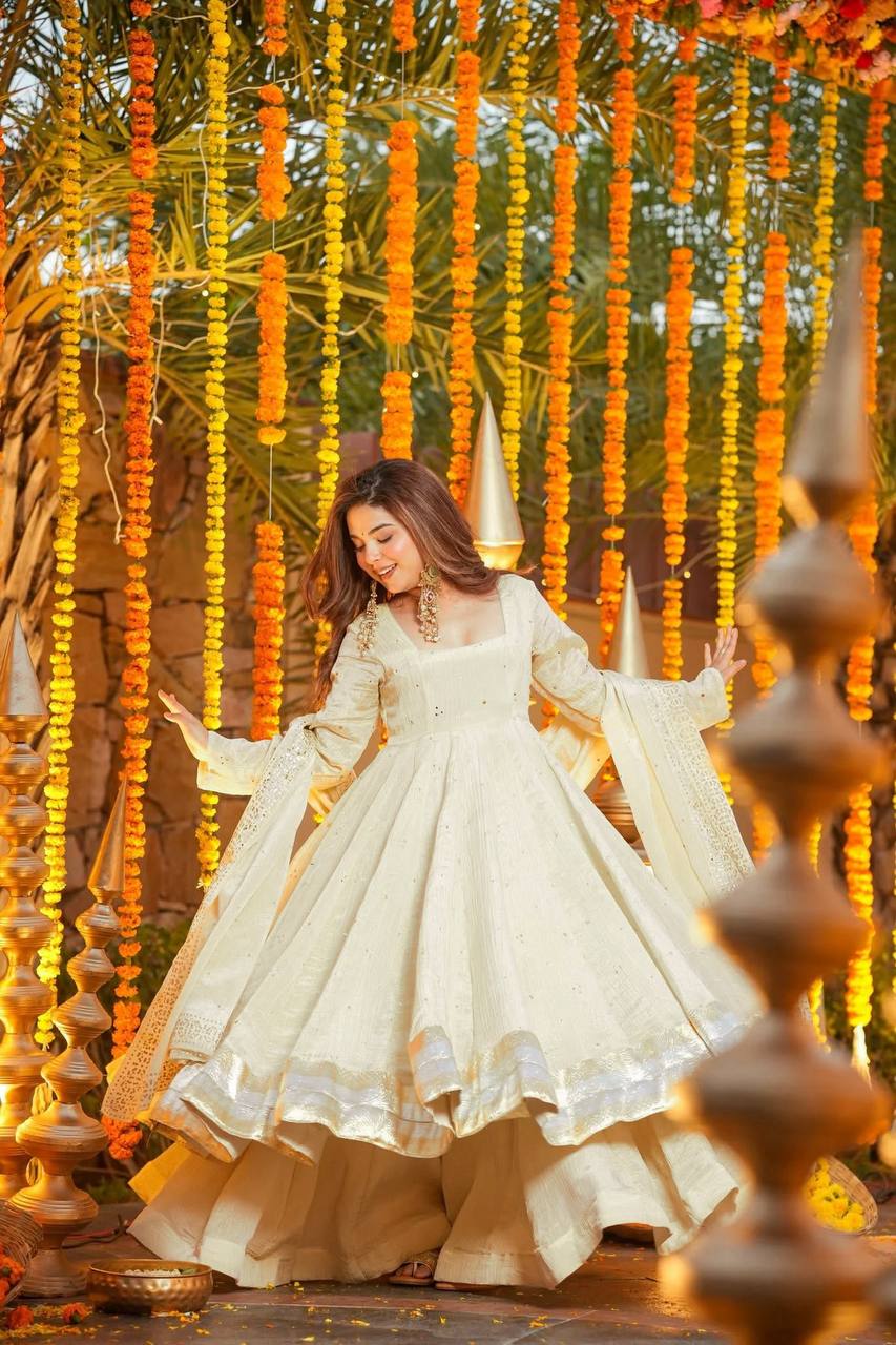 Heavy Flair Chinnon Silk Gown Set with Plazzo (Fully Stitched)