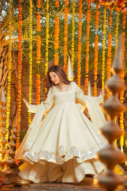 Heavy Flair Chinnon Silk Gown Set with Plazzo (Fully Stitched)
