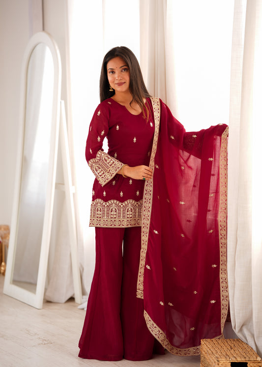 Designer Crunchy Silk Embroidered Kurta Bell Bottom Pant Set with Dupatta