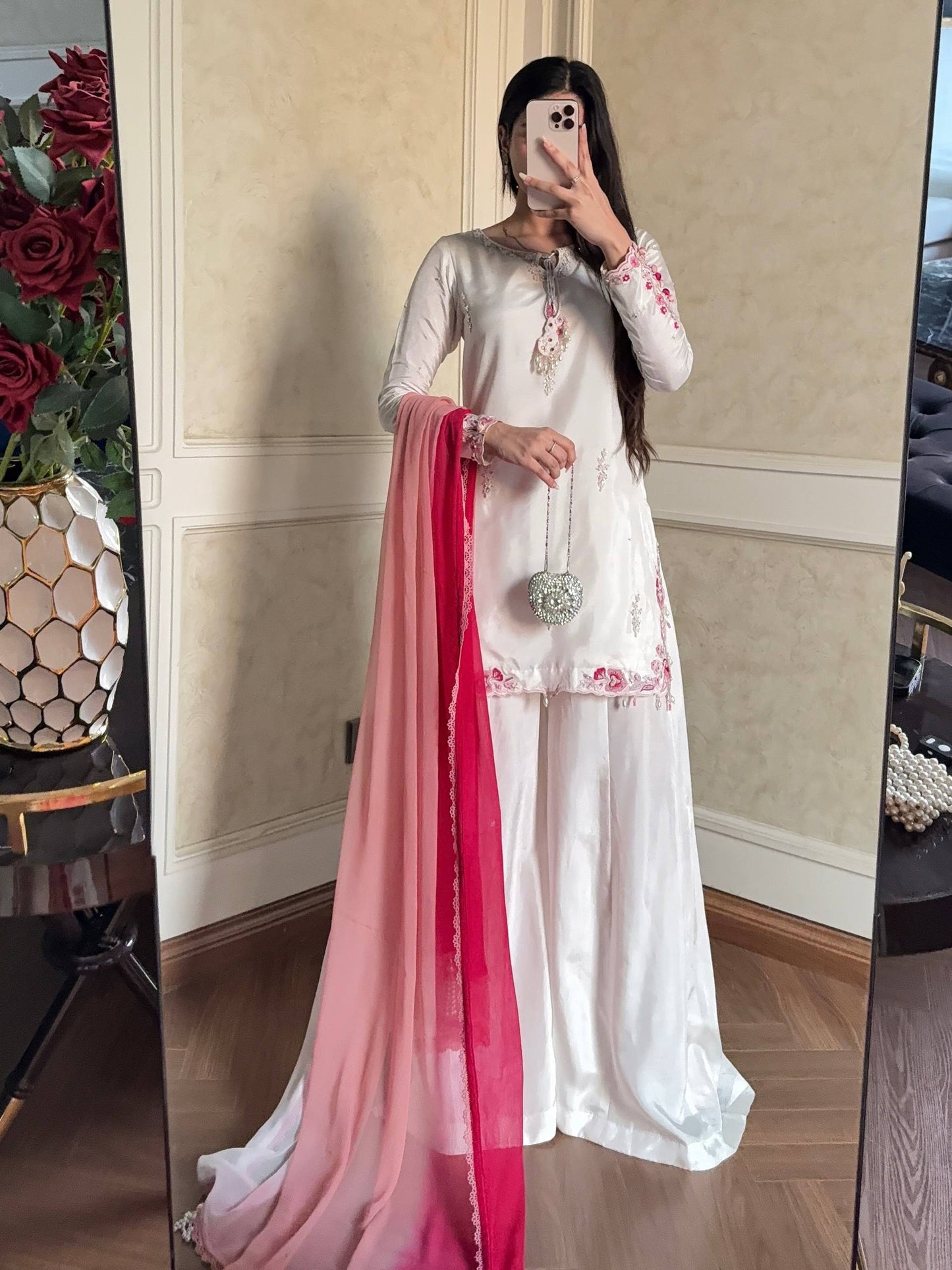 Elegant Natural Crepe Silk Suit Set with Fancy Sleeves