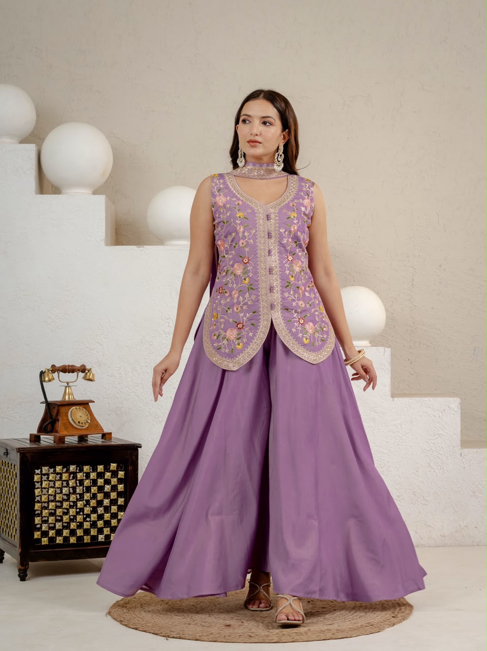 Designer Roman Silk Sharara Set with Embroidered Chanderi Dupatta
