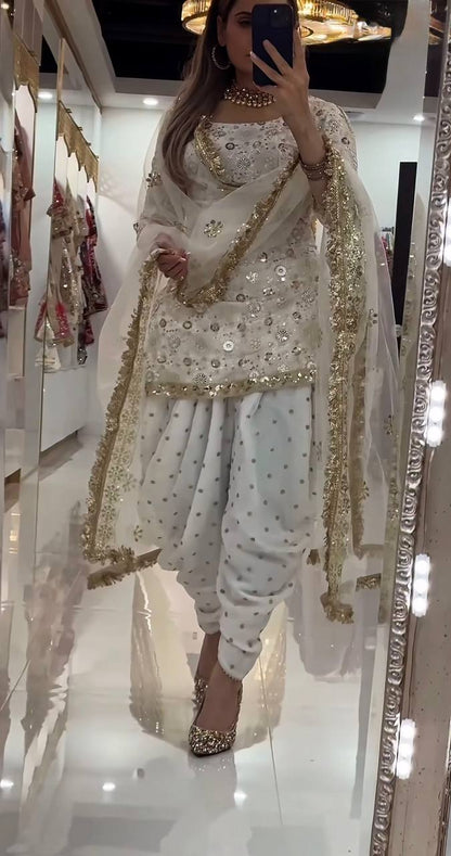 Premium Embroidered Georgette Dhoti Style Suit with Dupatta