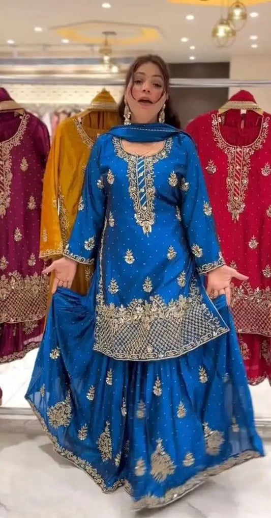 Heavy Chinon Silk Sequence Embroidery Sharara Set with Dupatta