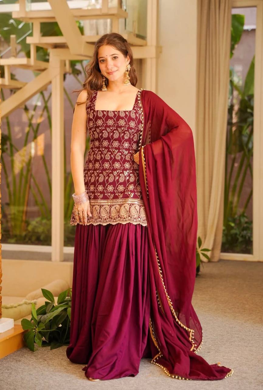 Women's Faux Georgette Embroidered Sharara Suit Set with Dupatta