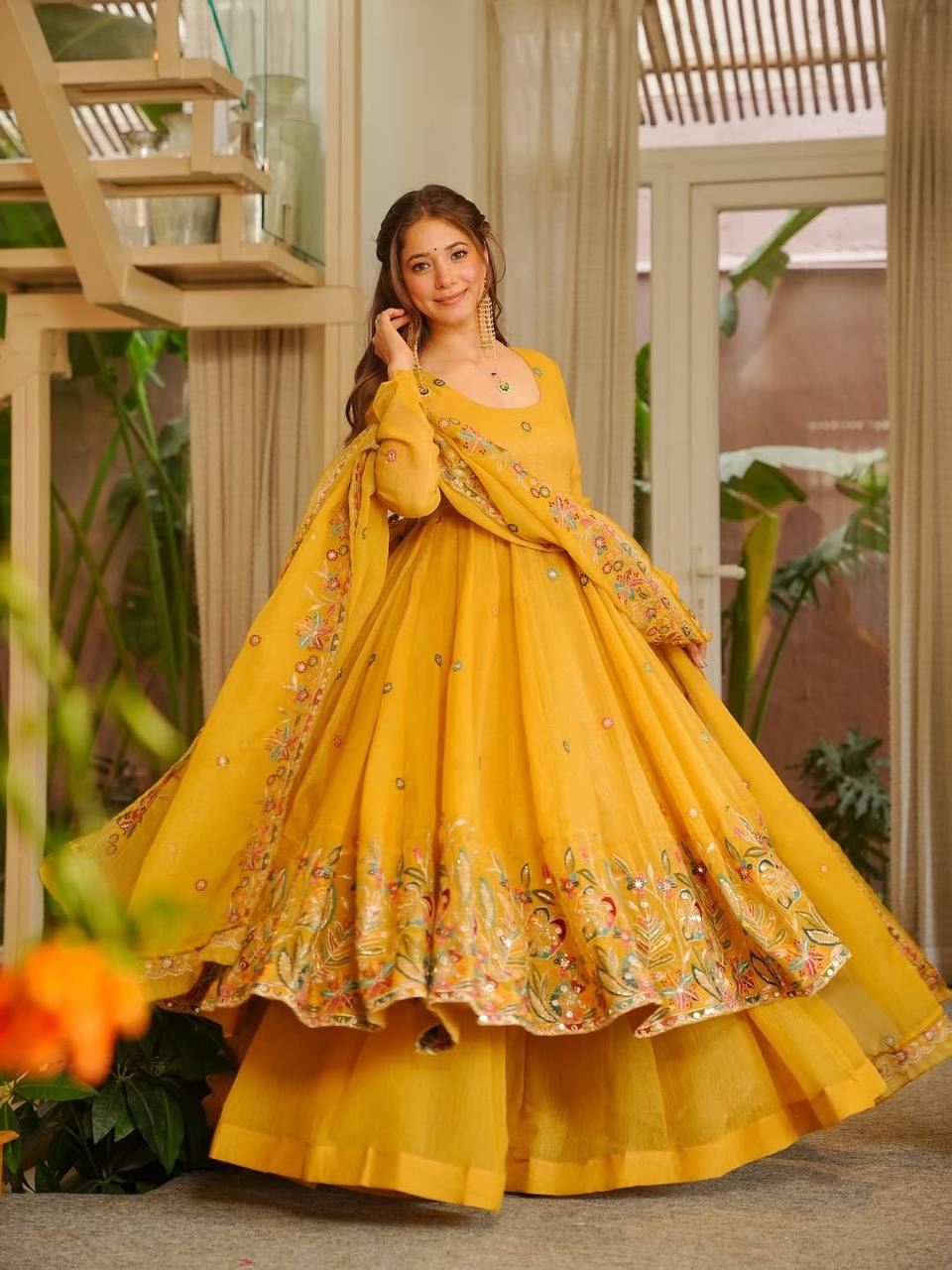Elegant Crunchy Silk Anarkali Suit Set with Palazzo & Embroidered Dupatta for Women