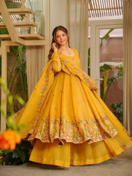 Elegant Crunchy Silk Anarkali Suit Set with Palazzo & Embroidered Dupatta for Women
