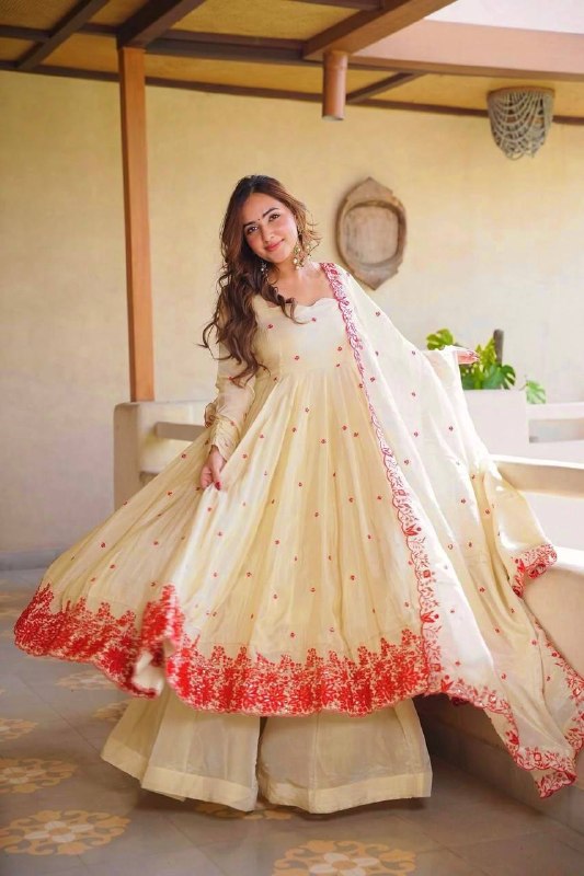 Pure Cosmos Silk Anarkali Sharara Set with Embroidered Dupatta