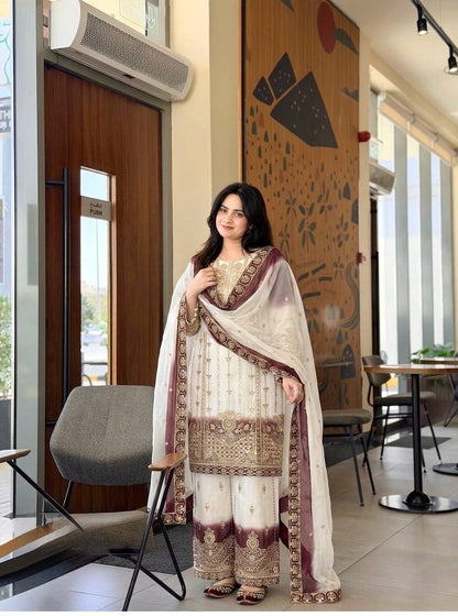 Women's Heavy Dual Tone Star Georgette Embroidered Kurta Palazzo Set with Dupatta