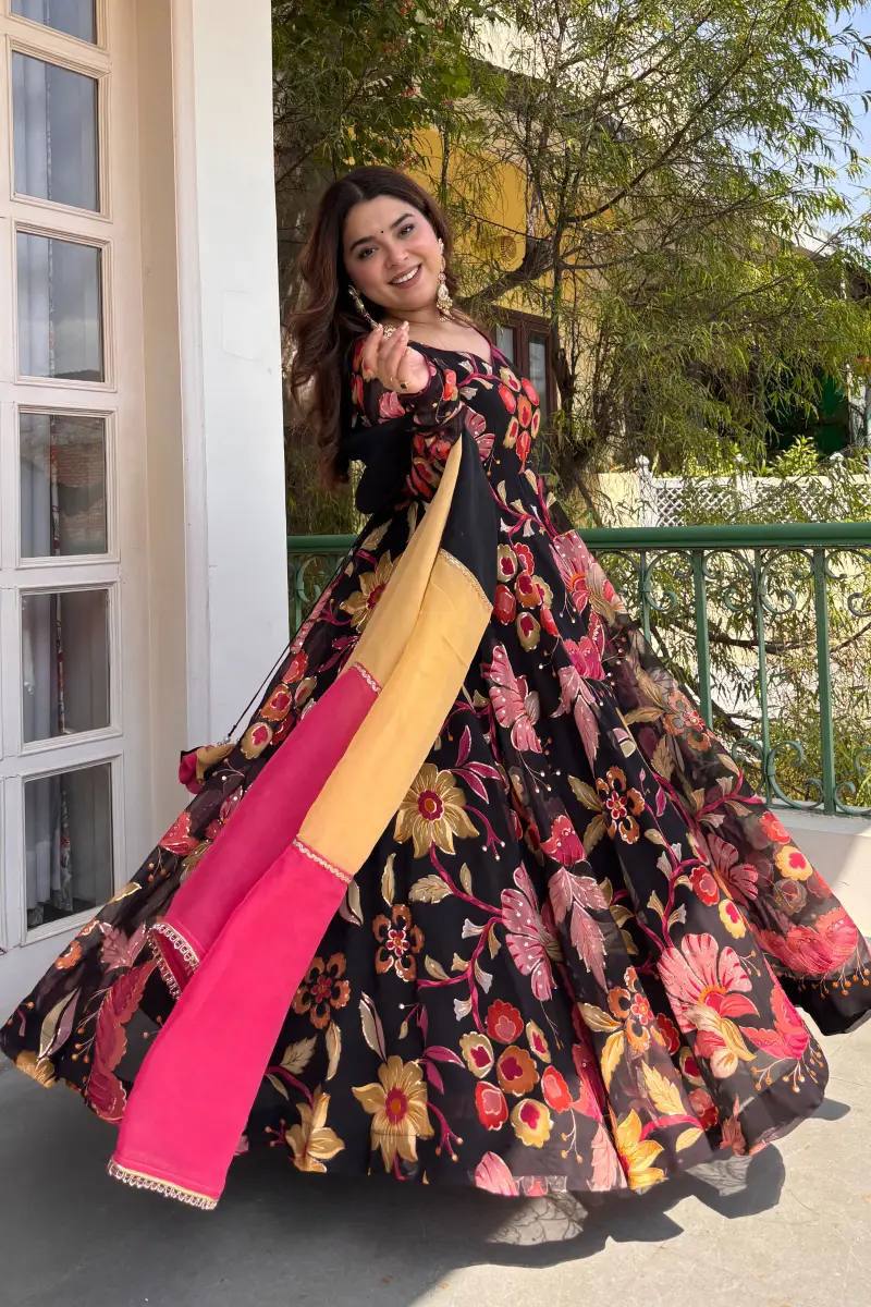 Designer Natural Silk Digital Print Anarkali Suit Set