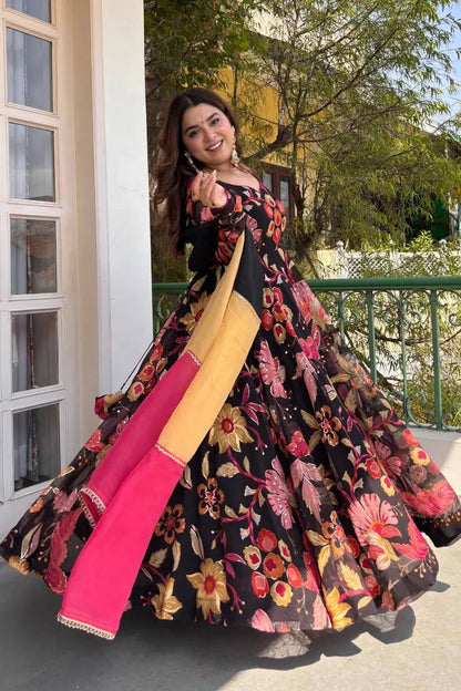 Designer Natural Silk Digital Print Anarkali Suit Set