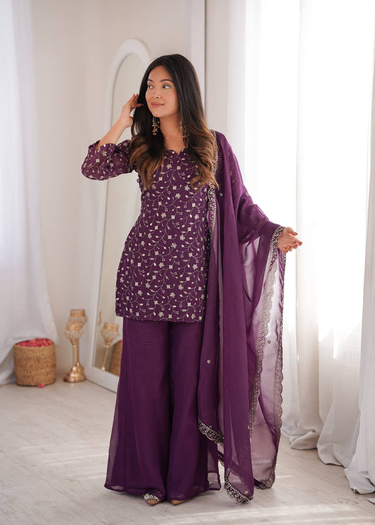 Designer Crunchy Silk Kurta Bell Bottom Set With Embroidery Sequence & Zari Work Dupatta