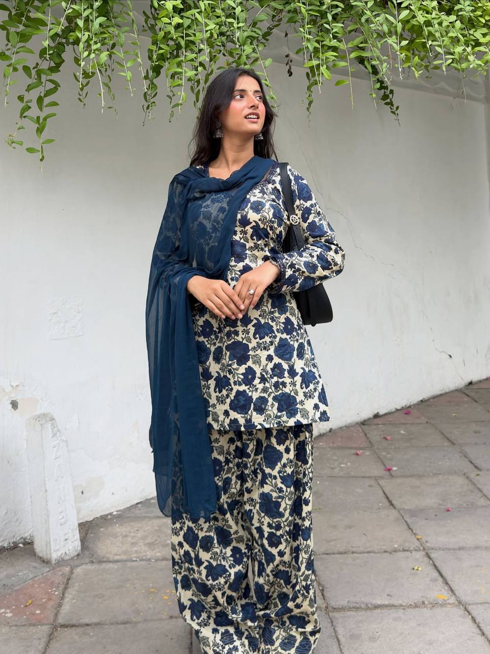 Premium Pure Cambric Cotton Kurti with Farshi Pant & Faux Georgette Dupatta Set
