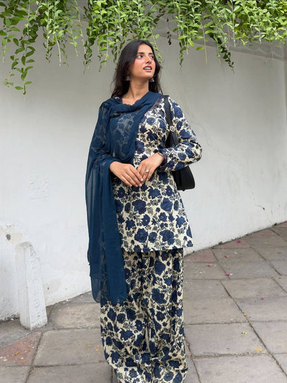 Premium Pure Cambric Cotton Kurti with Farshi Pant & Faux Georgette Dupatta Set