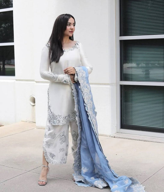 Elegant Roman Glass Embroidered Kurta Palazzo Set with Organza Dupatta