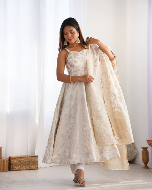 Fancy Banarasi Jackquard Dola Silk Anarkali Gown Set