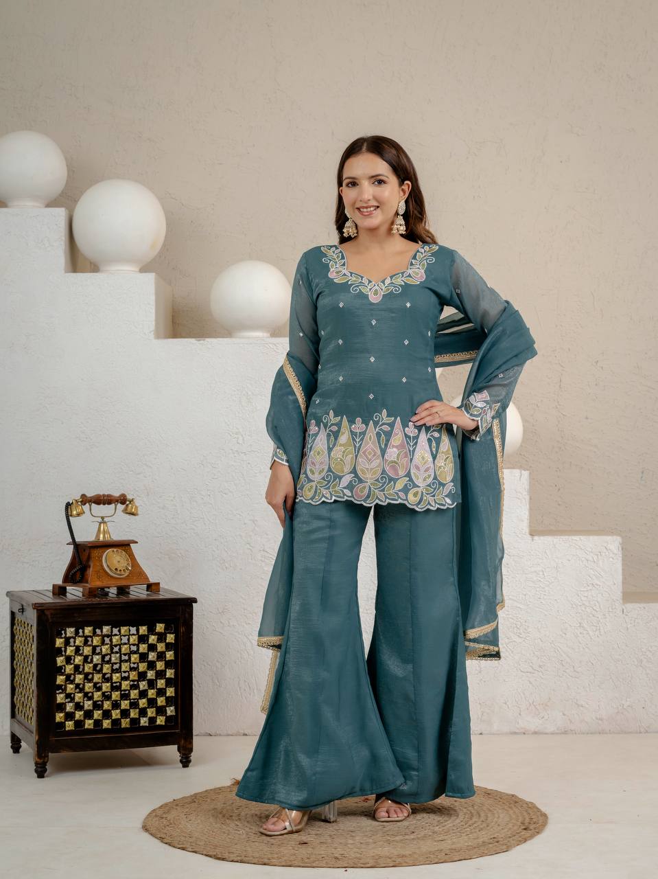 Heavy Crunchy Silk Embroidered Kurta Set with Palazzo & Dupatta