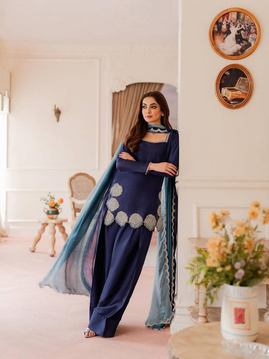Designer Crepe Silk Kurta Set with Farshi Salwar & Chiffon Dupatta